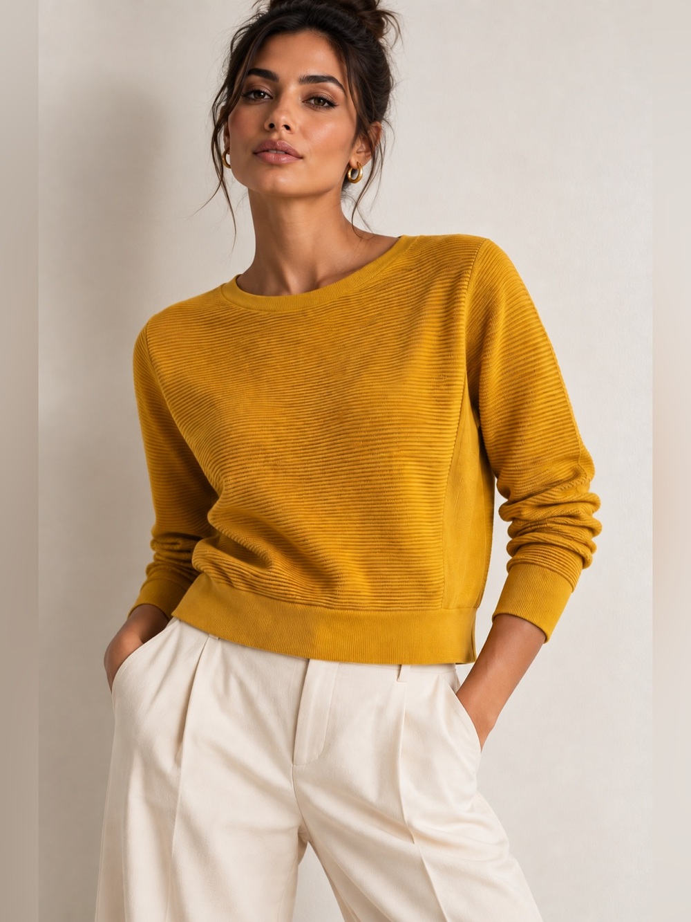 COS 100% Cotton Textured Ribbed Knit Pullover — Mustard Yellow — Size S